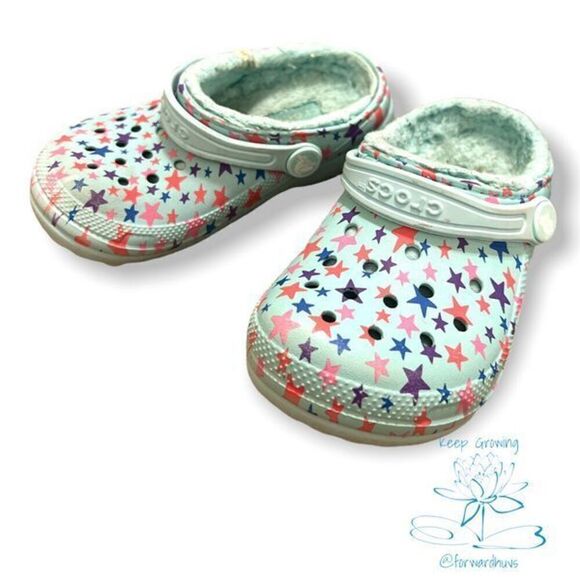 Crocs Teal Star Faux Fur Lined Clog Sandals Youth Size 9 - Picture 4 of 9
